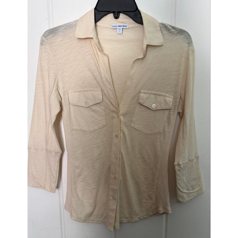 James Perse Standard Slub Cotton Button Down Shirt Cream 3/4 Sleeve WUA3042CU 1